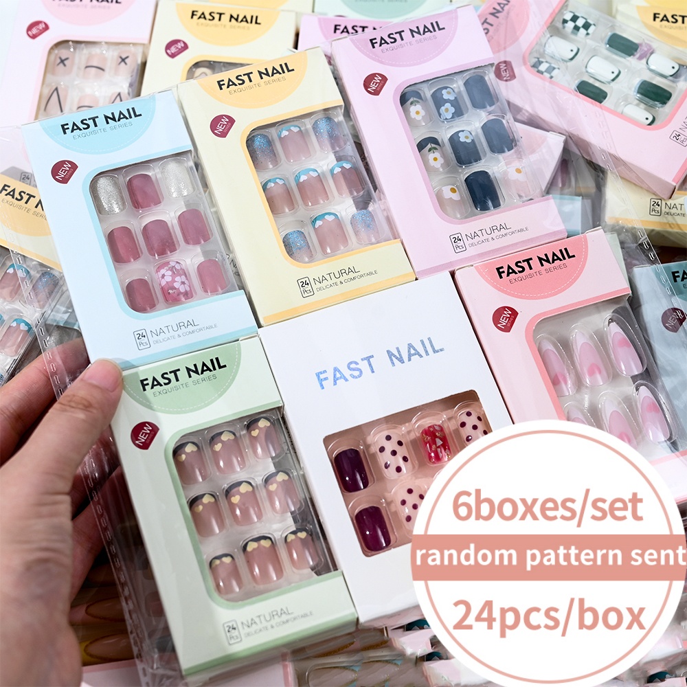 Nail Art Press On - 6Boxes/Set Short Square Fake Nail Love