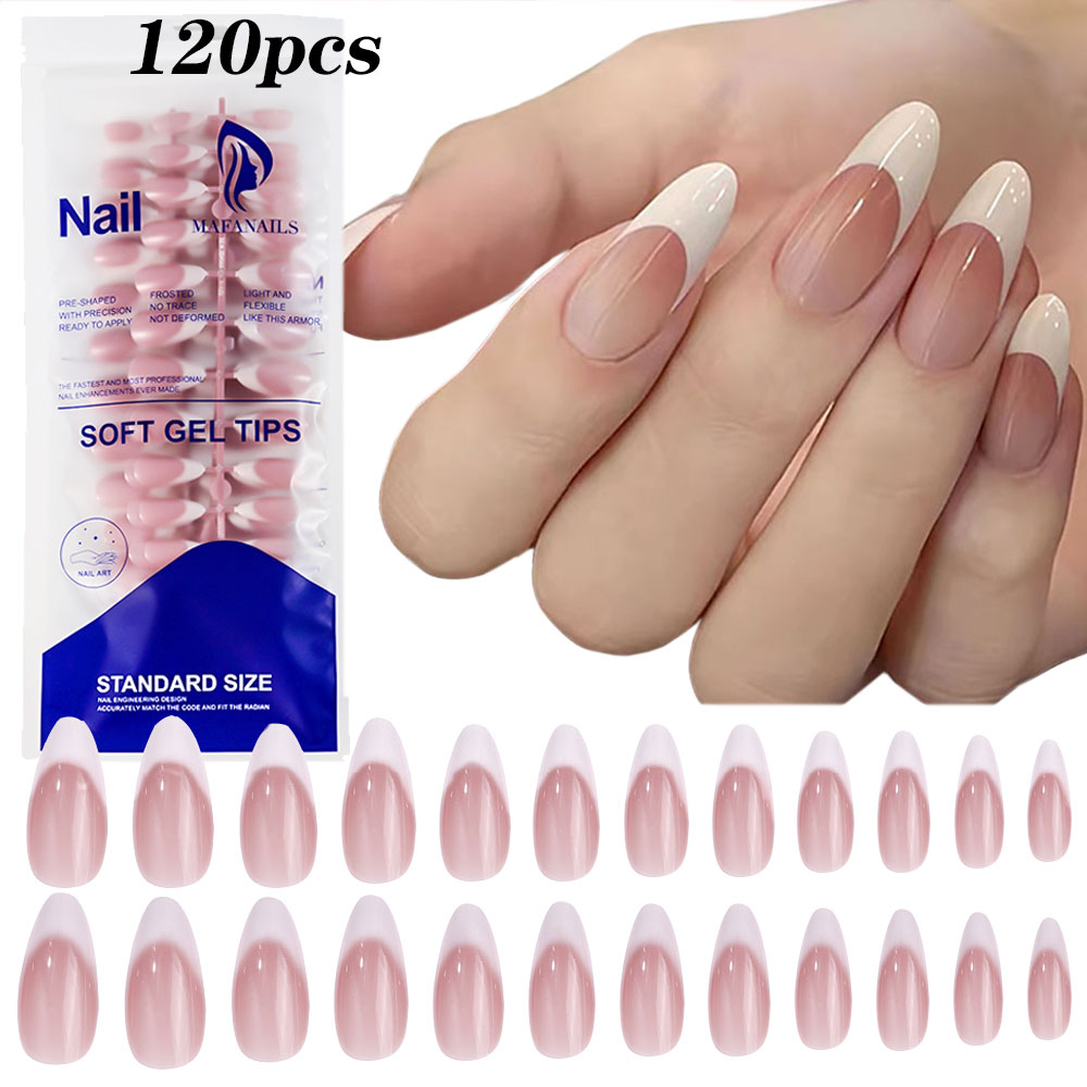 Nail Art Press On - 120pcs Pink Medium Almond French False