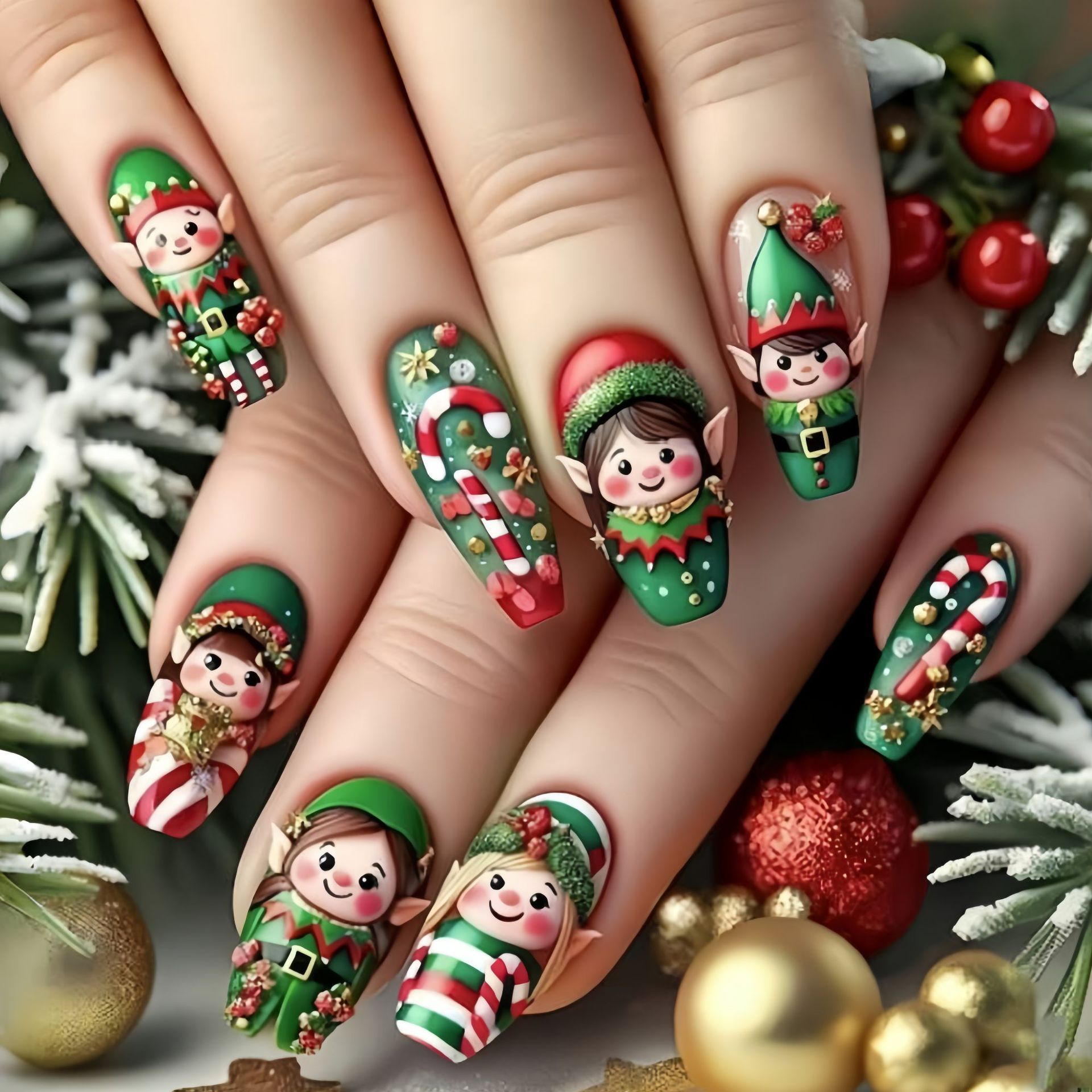 Nail Art Press On - Medium fake nails for Christmas party