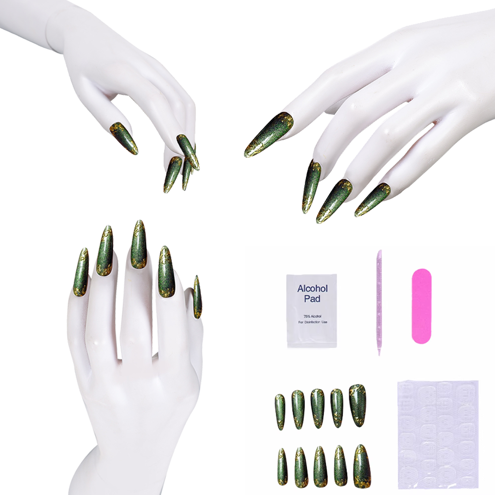 Nail Art Press On - Green Press-on Nails with glittering Gold