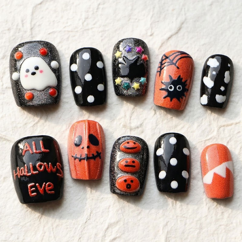 Nail Art Press On - 10Pcs Halloween Ghost Pumpkin Press On