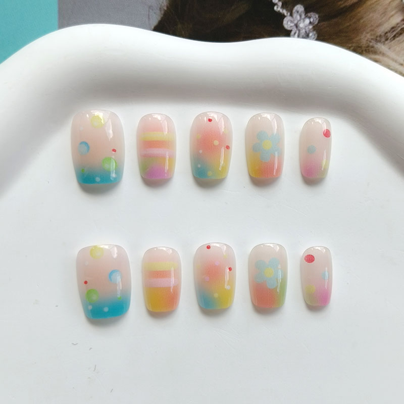 Nail Art Press On - 10Pcs Rainbow Bubble Gum Sweet Cute