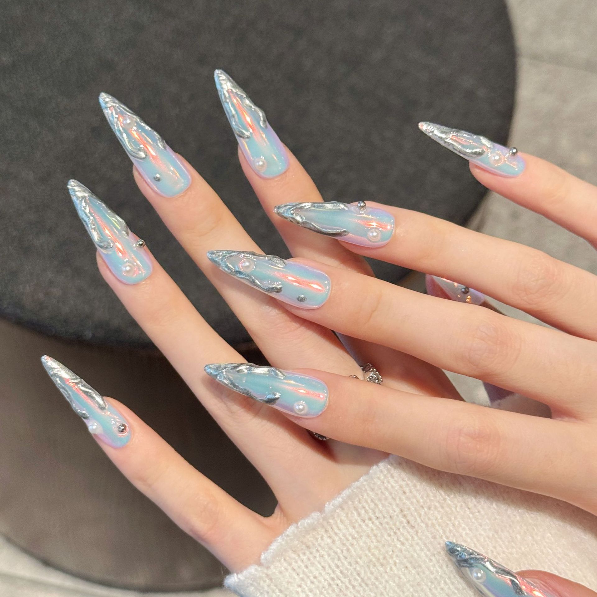 10pcs Silver Aurora Long Stile - Nail Art Press On review and price