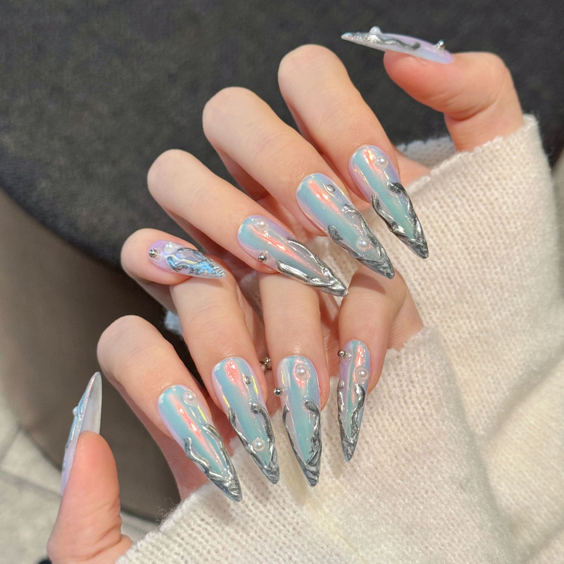 10pcs Silver Aurora Long Stile - Nail Art Press On review and price