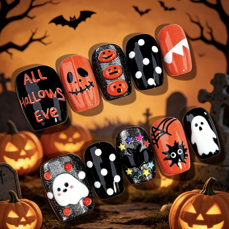 10Pcs Halloween Ghost Pumpkin  - Nail Art Press On review and price